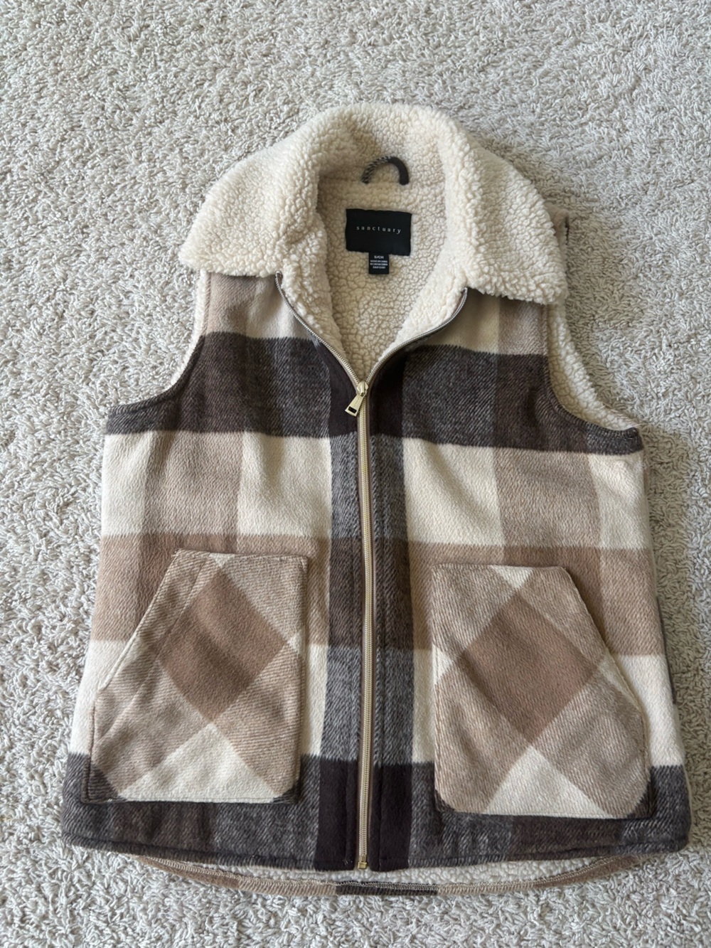 Sanctuary Plaid Sherpa-Lined Vest in Cream and Brown